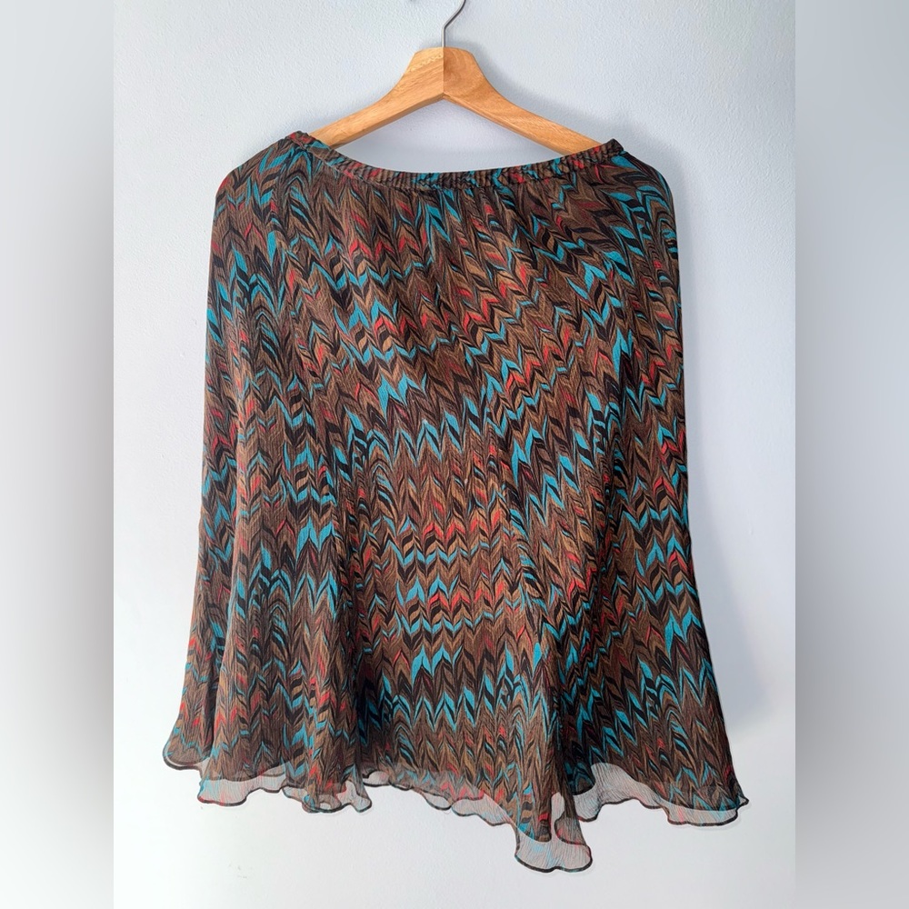 Jones New York skirt, 100% silk, in a colorful pattern, with brown underskirt.